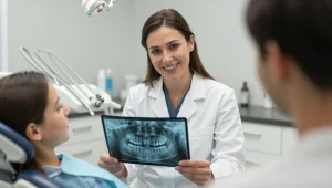 dentist checking teeth and giving dental estimate price for teeth fillings